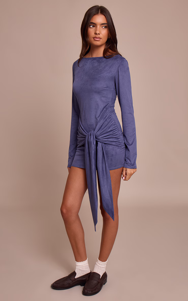 Powder Blue Suede Boat Neck Tie Waist Detail Bodycon Dress