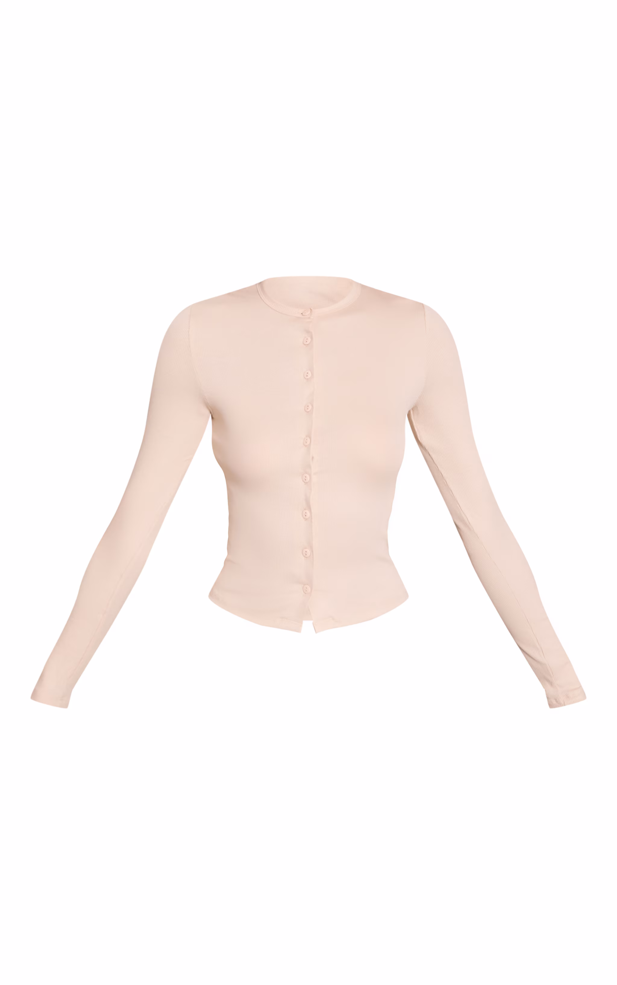 Beige Soft Rib Button Down Long Sleeve Top