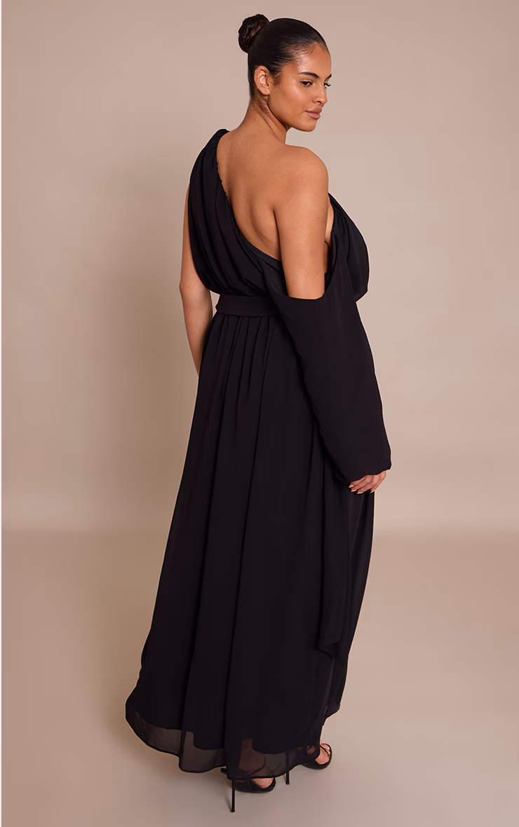 Plus Black Chiffon Drape Long Sleeve Maxi Dress