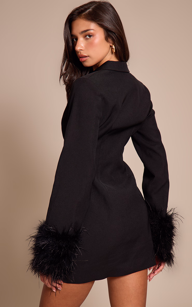 Black Woven Feather Cuff Blazer Dress