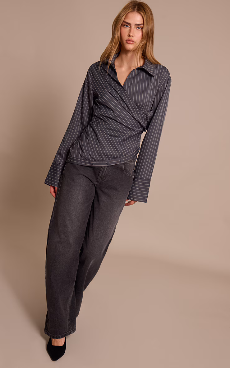 Grey Pinstripe Ruched Wrap Detail Long Sleeve Shirt
