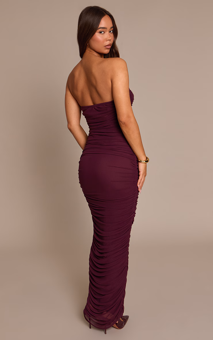 Plum Mesh Ruched Bandeau Maxi Dress