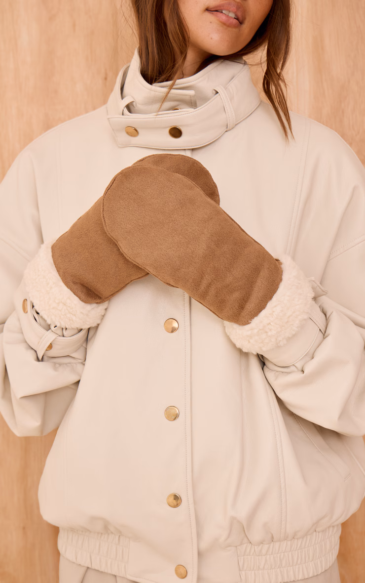 Tan Faux Suede Borg Trim Mittens
