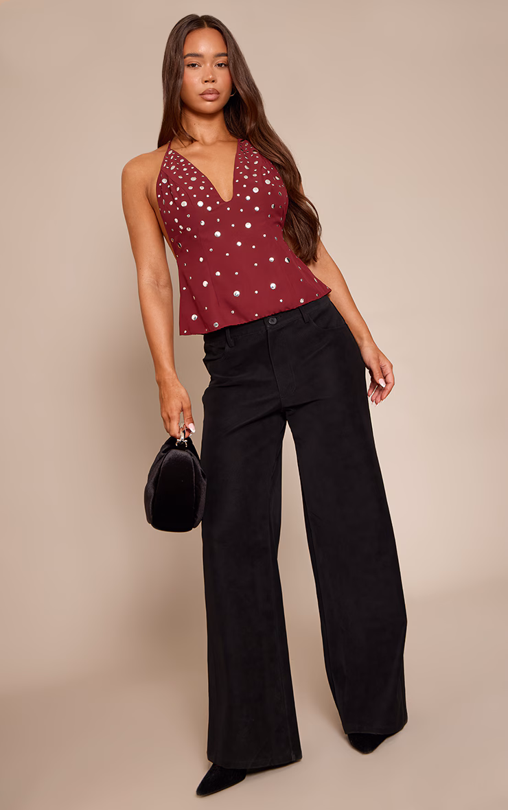 Wine Chiffon Studded Halterneck Top
