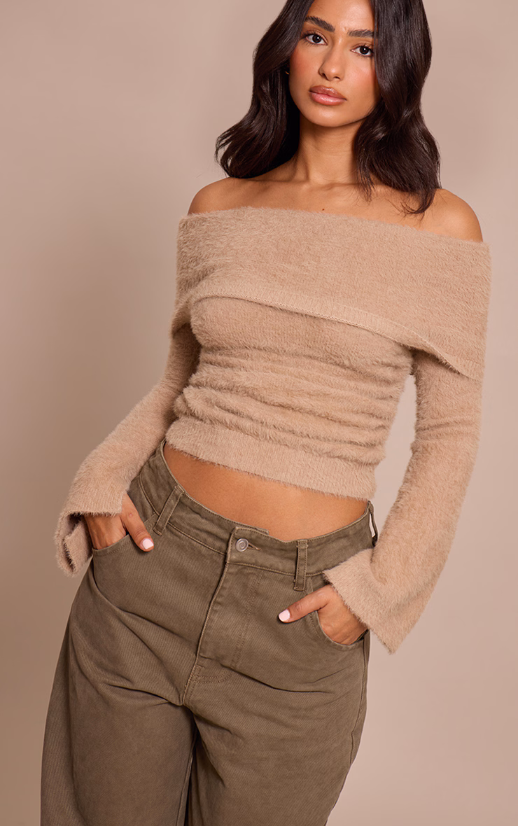 Petite Fluffy Beige Bardot Knitted Sweater