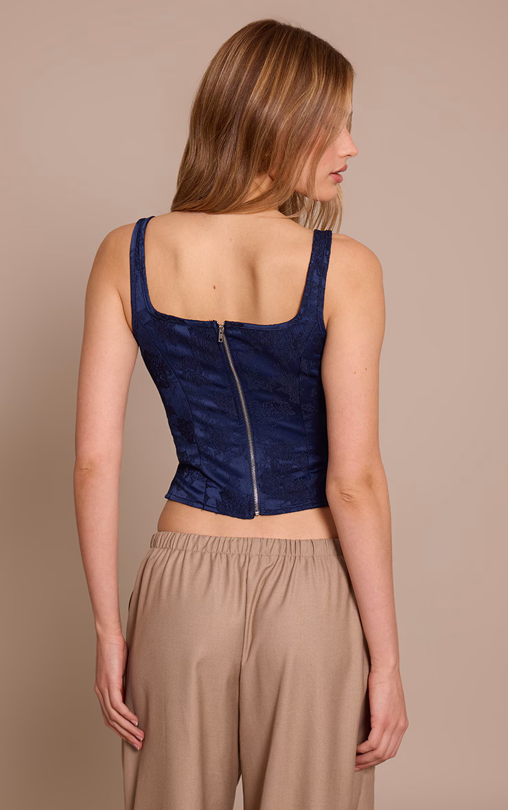 Navy Textured Satin Boned Dip Hem Longline Corset