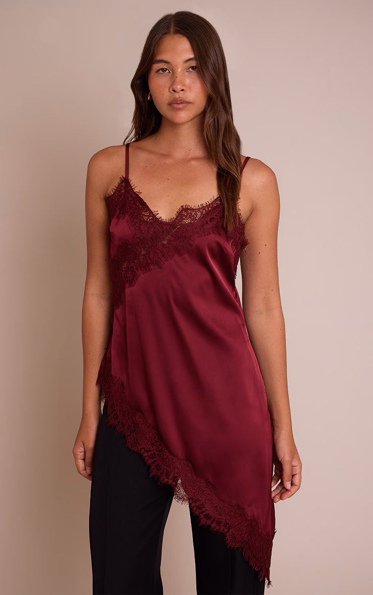 Plum Satin Lace Detail Asymmetric Long Top
