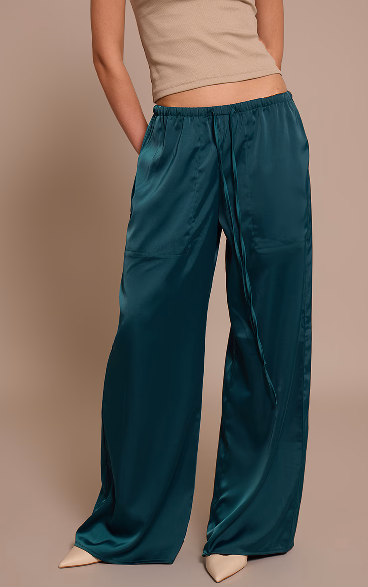 Emerald Green Satin Low Rise Wide Leg Drawstring Pants