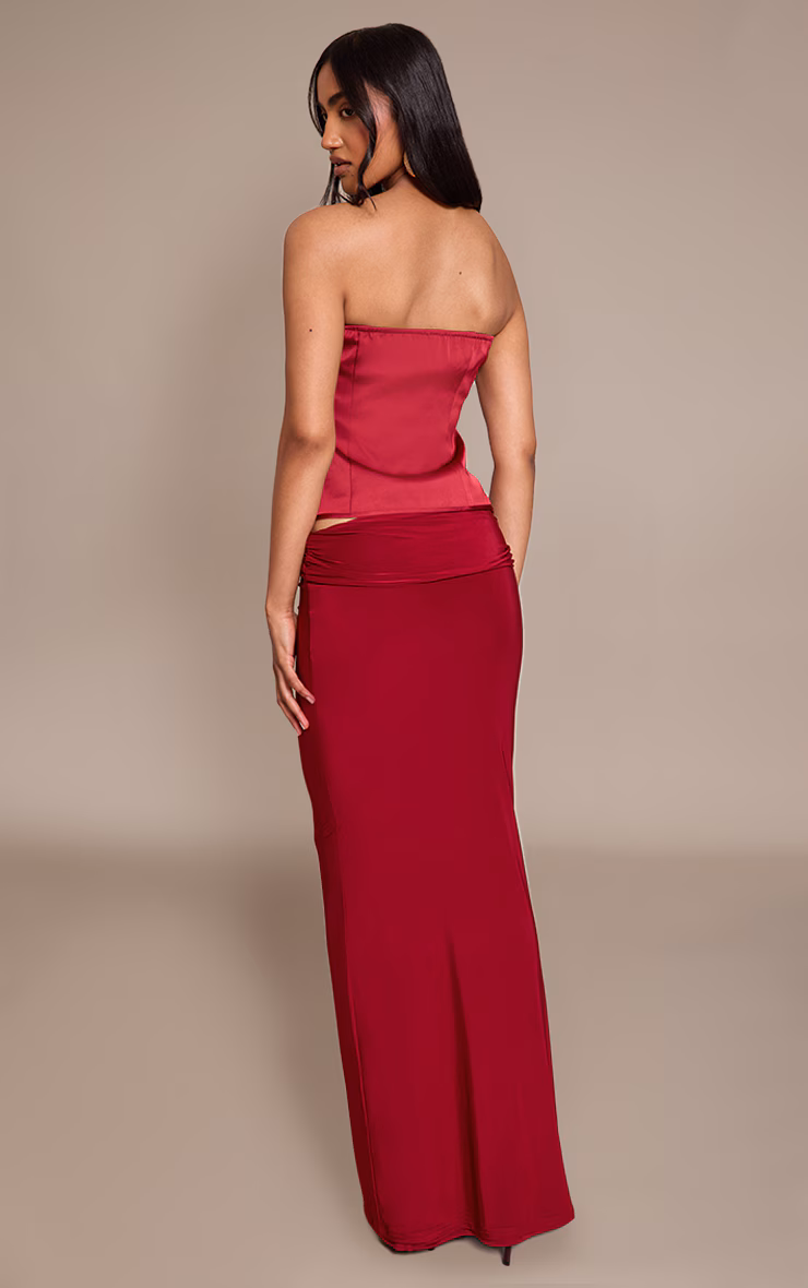 Wine Slinky Knot Fold Over Detail Maxi Skirt