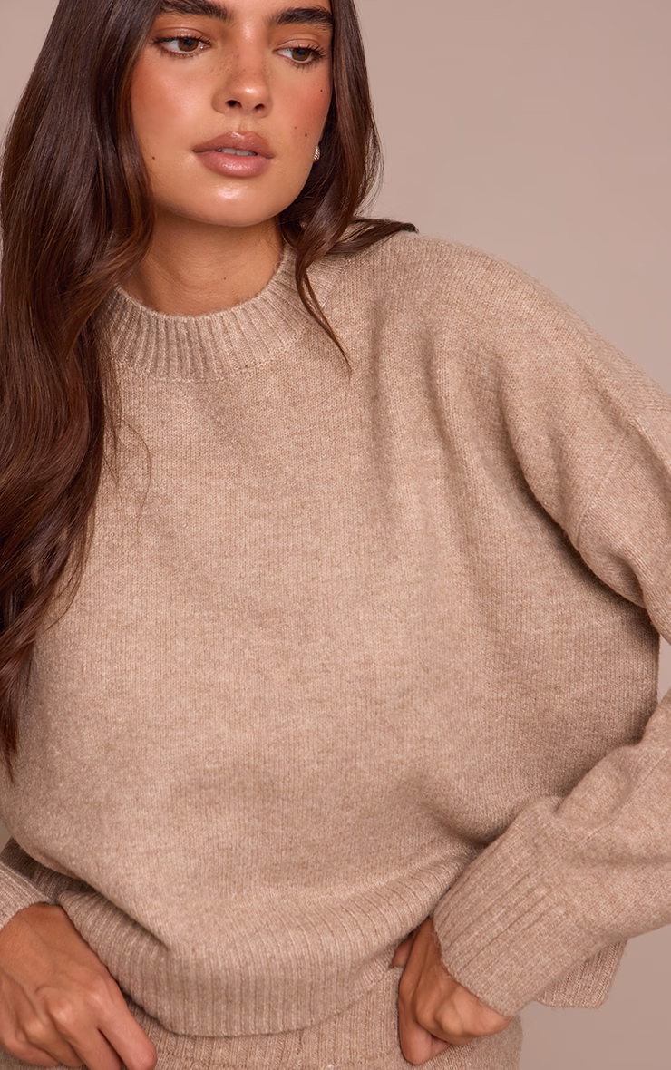Taupe Marl Knitted Cropped Crew Neck Sweater