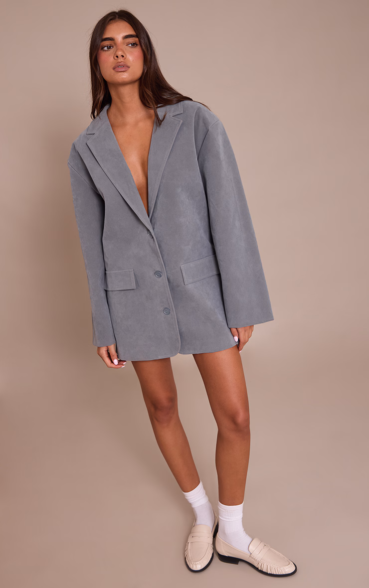 Powder Blue Faux Suede Structured Blazer Dress