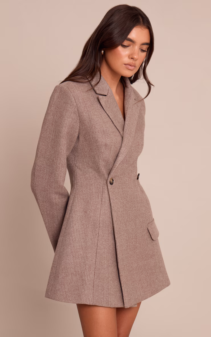 Taupe Wool Look Cinched Waist Blazer Dress
