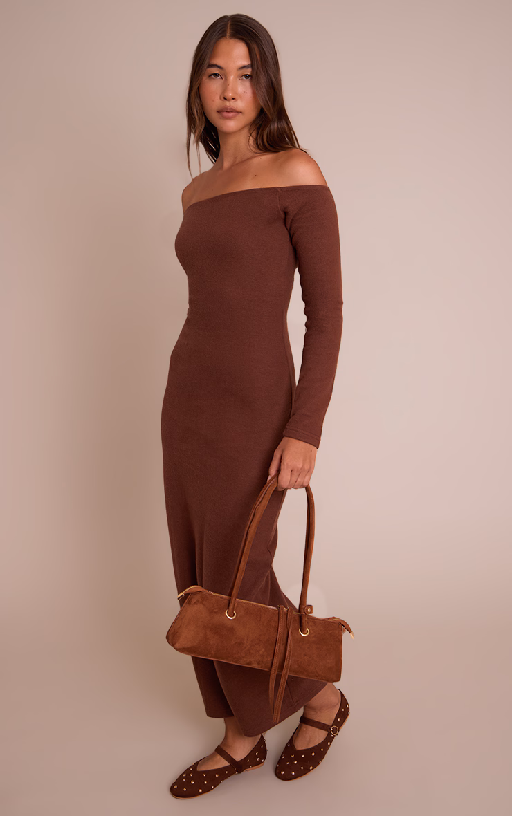 Chocolate Super Soft Bardot Long Sleeve Maxi Dress