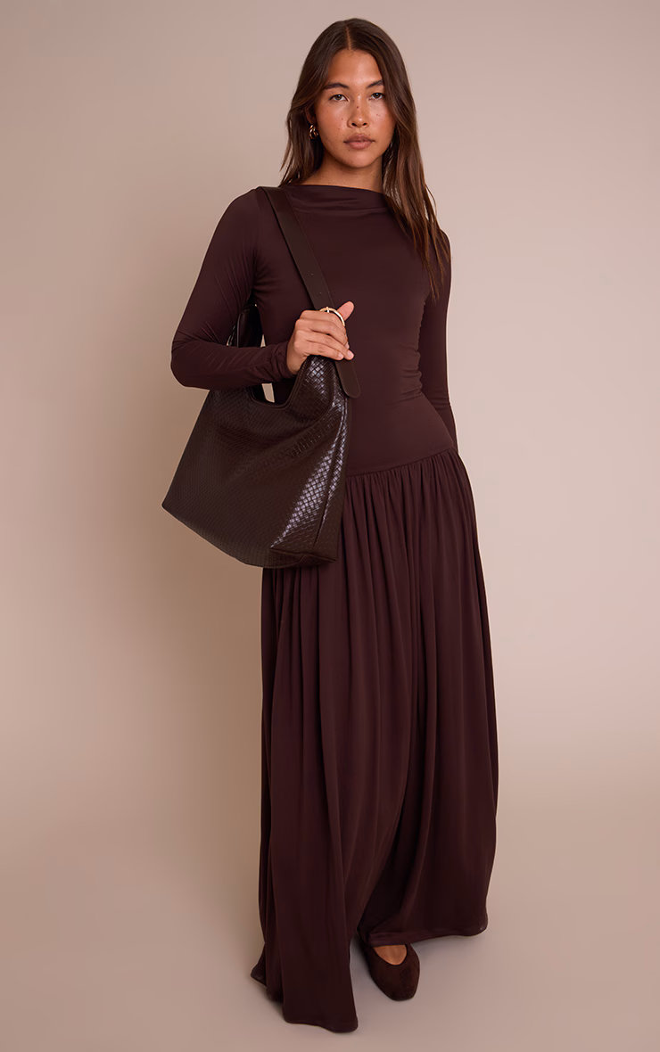 Chocolate Double Layer Jersey Dropped Waist Long Sleeve Maxi Dress