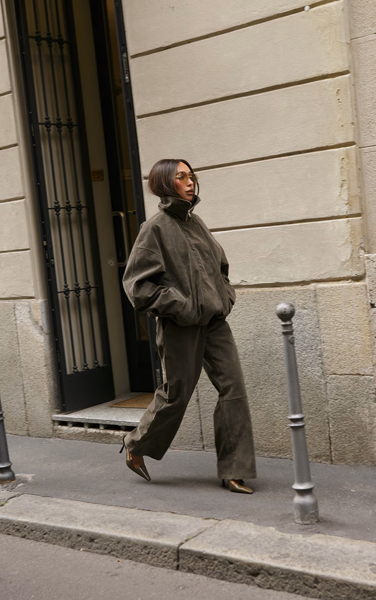 Khaki Suede Straight Leg Pants