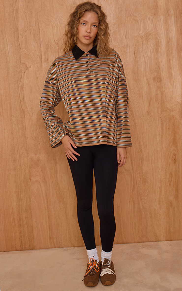 Tan Stripey Collar Detail Long Sleeve Rugby Top