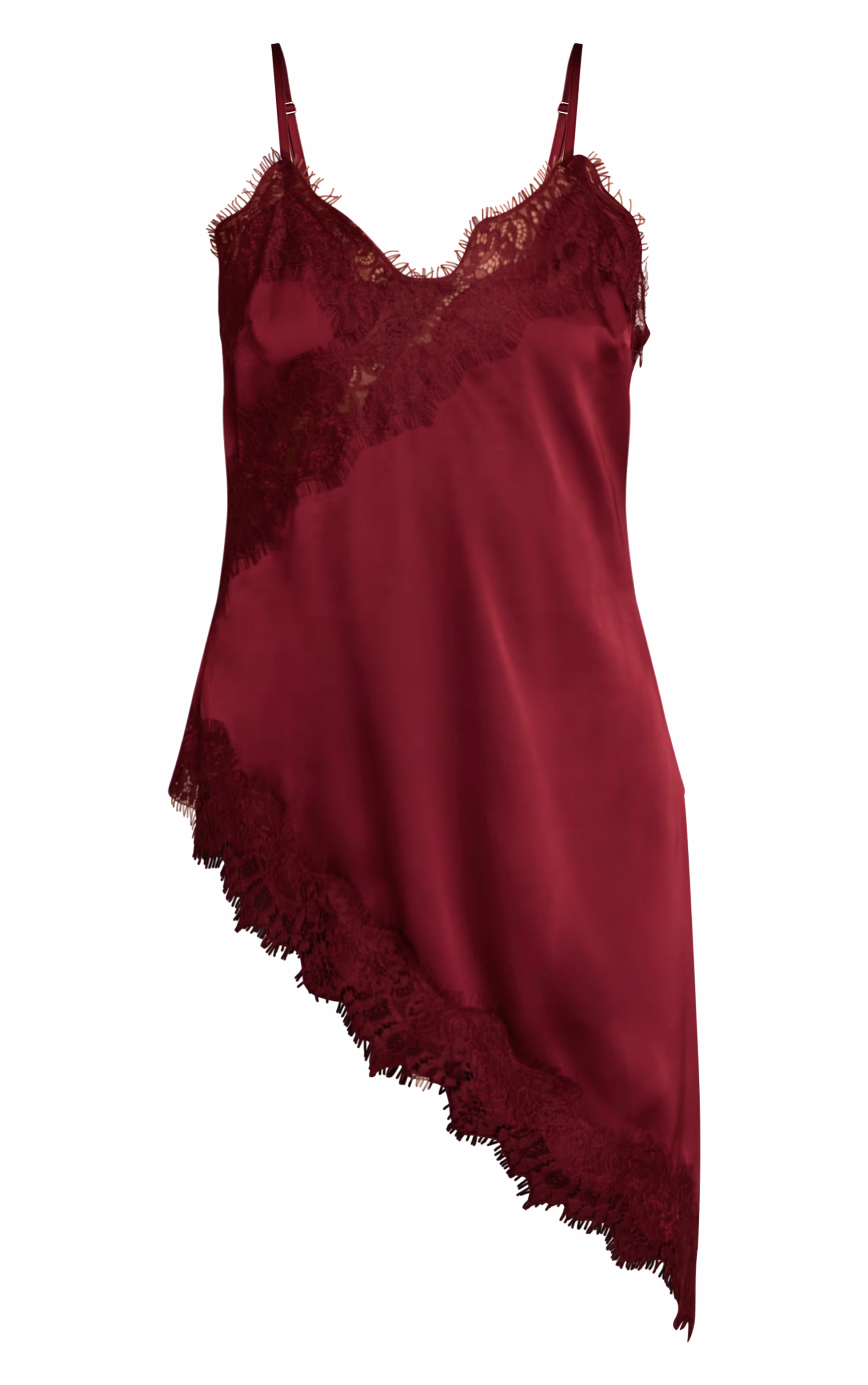 Plum Satin Lace Detail Asymmetric Long Top