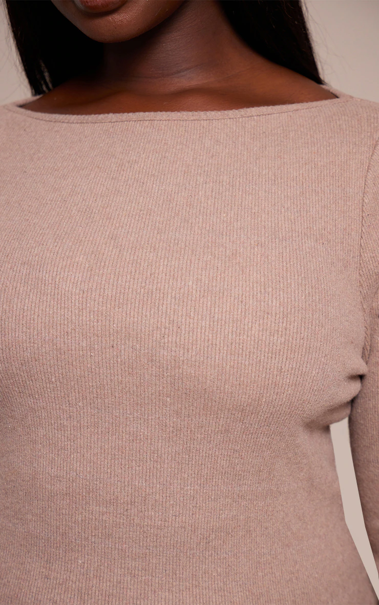 Plus Oatmeal Soft Touch Rib Boat Neck Long Sleeve Top