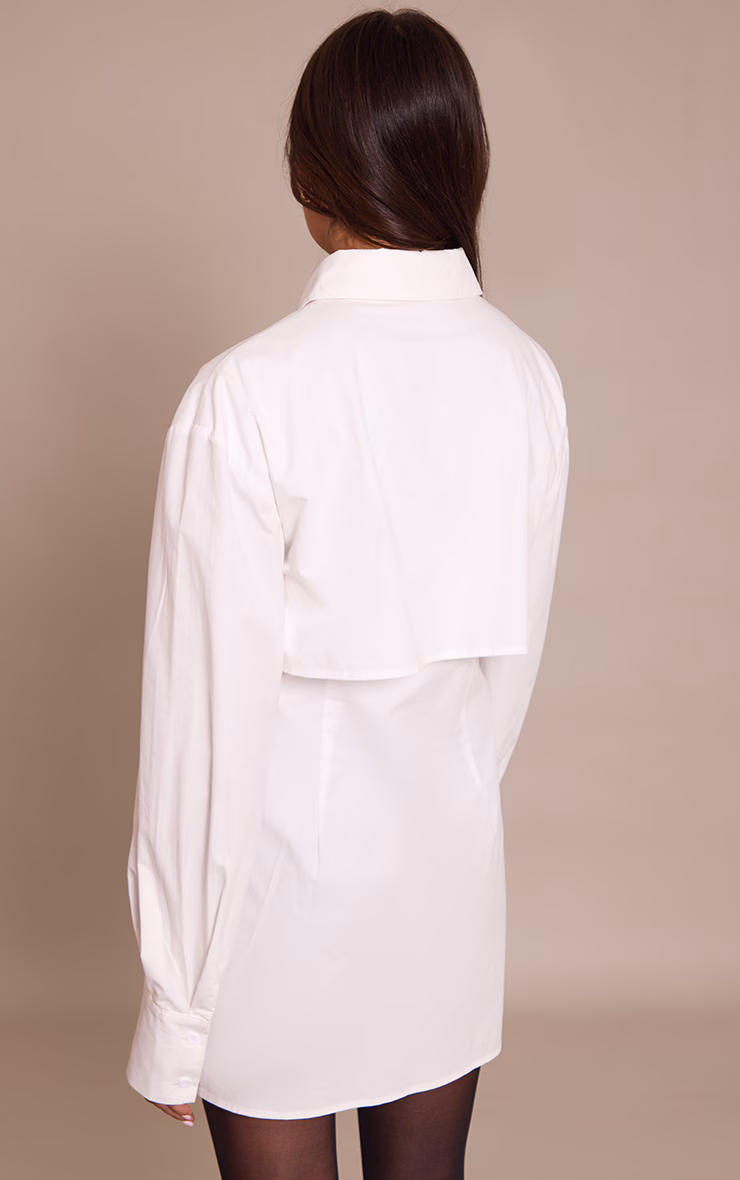 White Overlay Detail Long Sleeve Shirt Dress