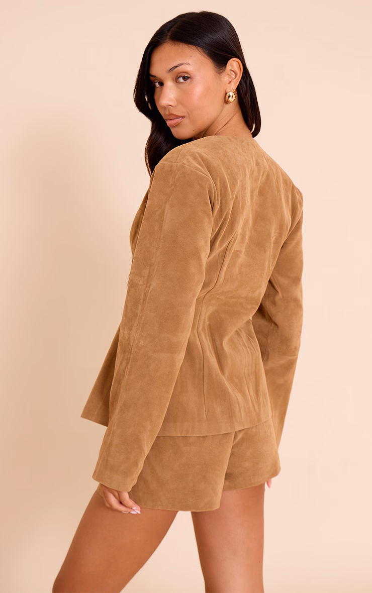 Tan Structured Faux Suede Cinched Waist Blazer