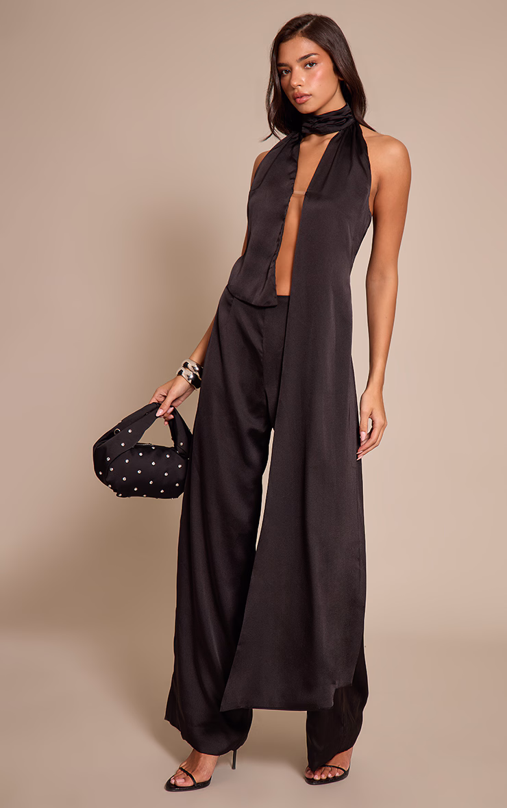 Black Satin Drape Wide Leg Jumpsuit