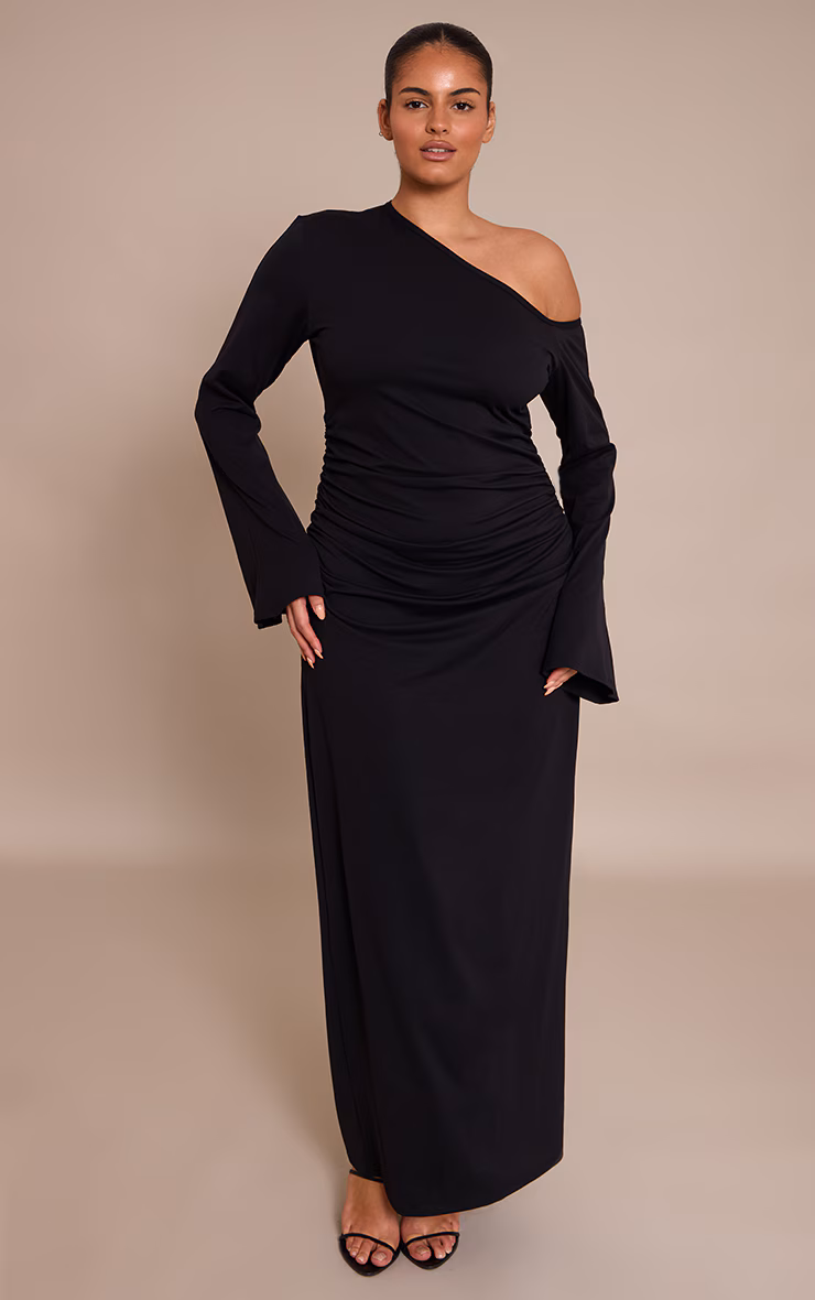 Plus Black Sculpt Bardot Ruched Side Long Sleeve Maxi Dress