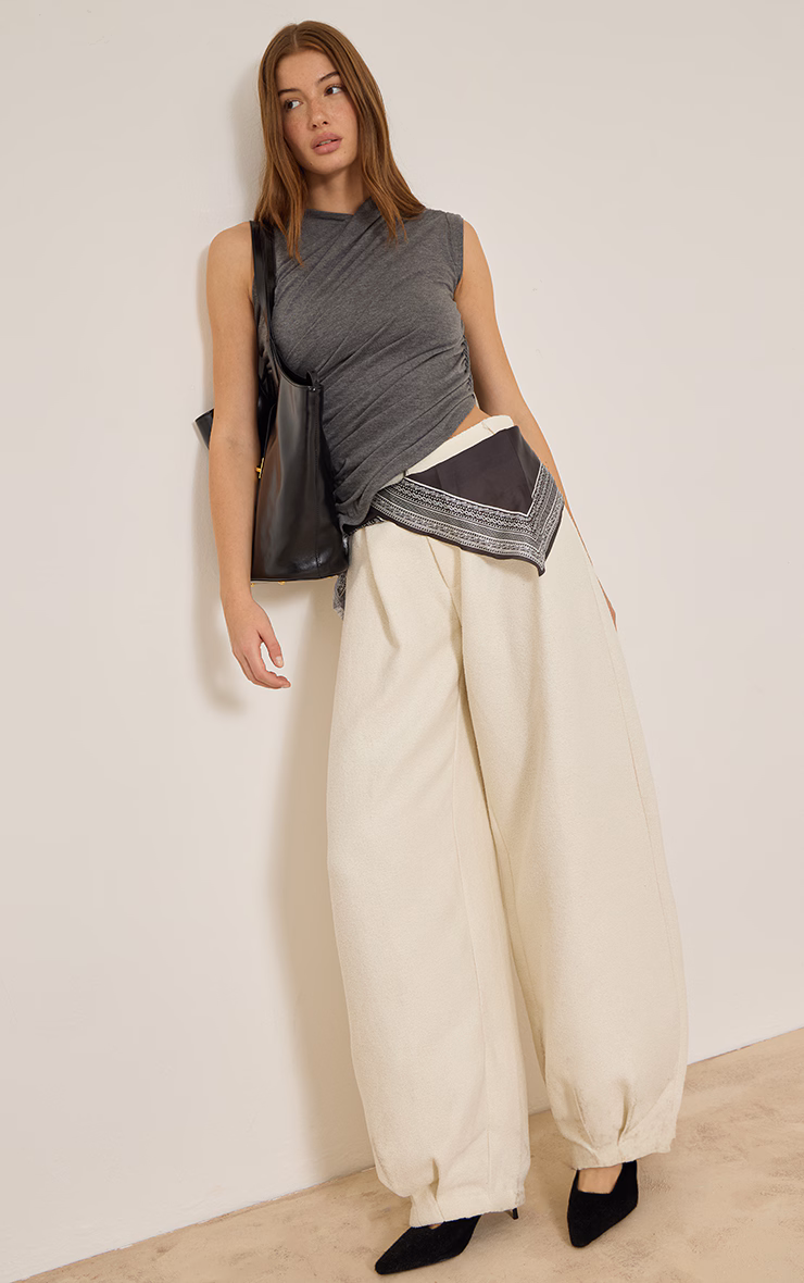 Cream Boucle Textured Balloon Pants