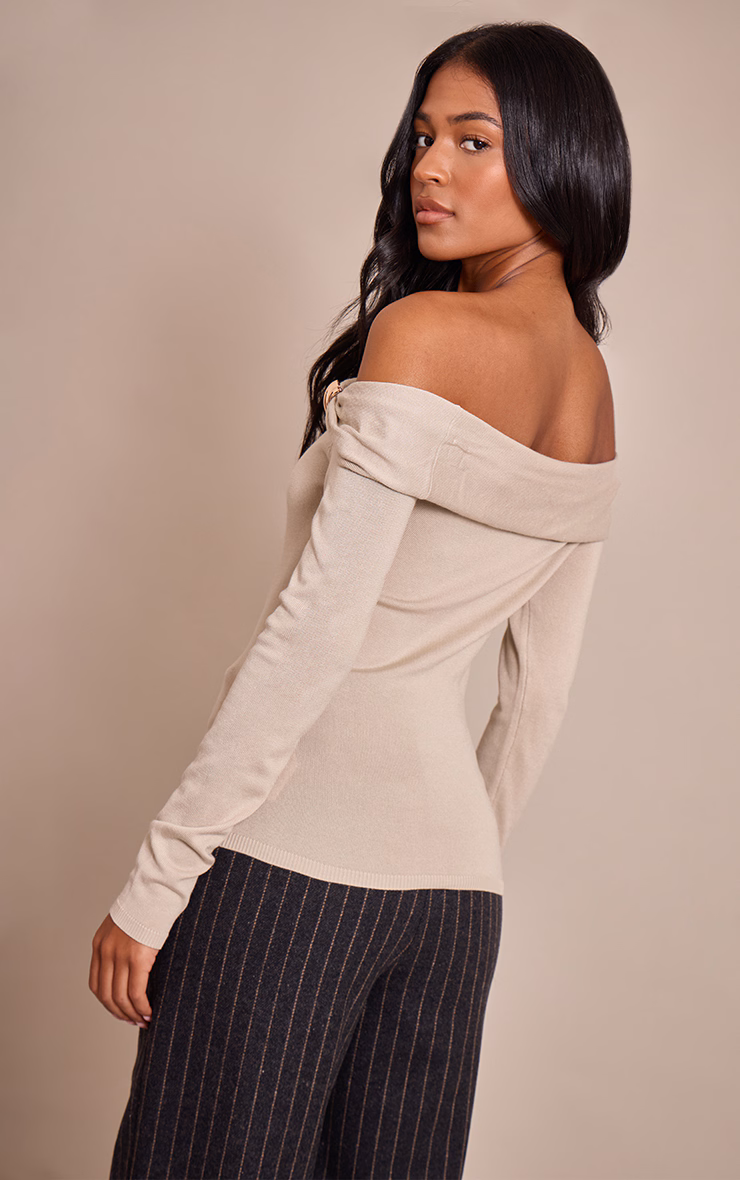 Tall Oatmeal Long Sleeve Twist Shoulder Detail Knitted Top