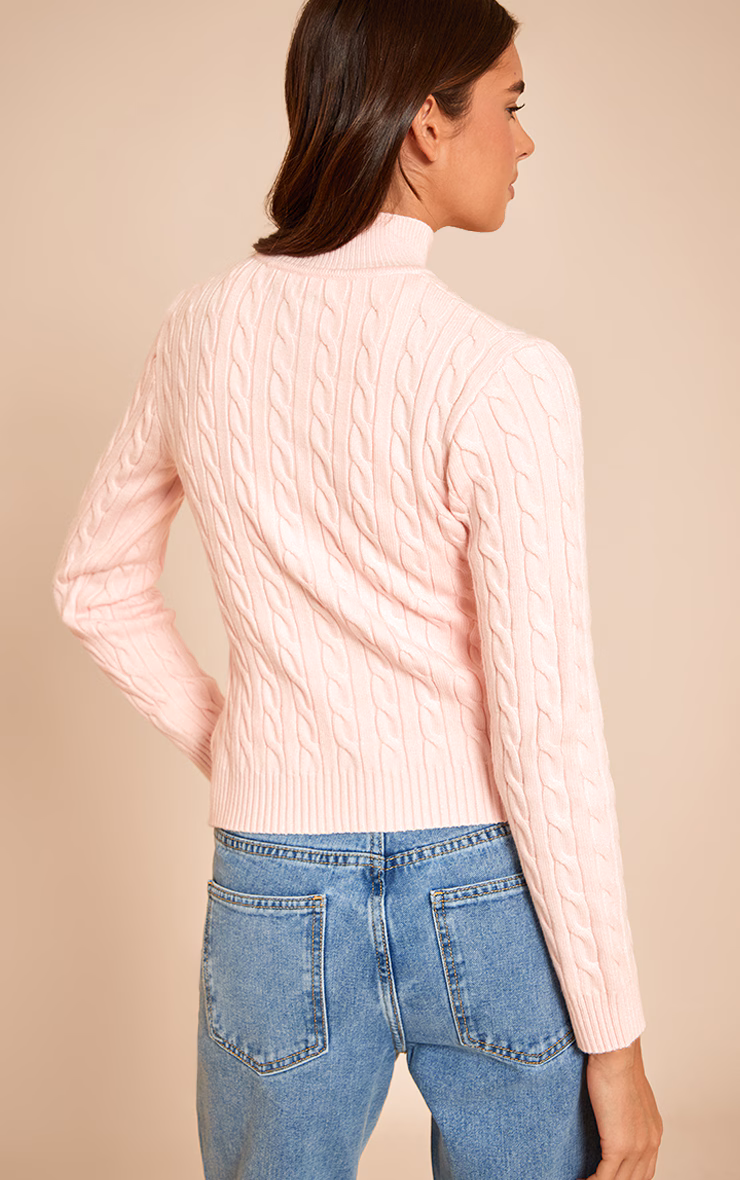 Pink Cable Knit Long Sleeve Zip Up Sweater