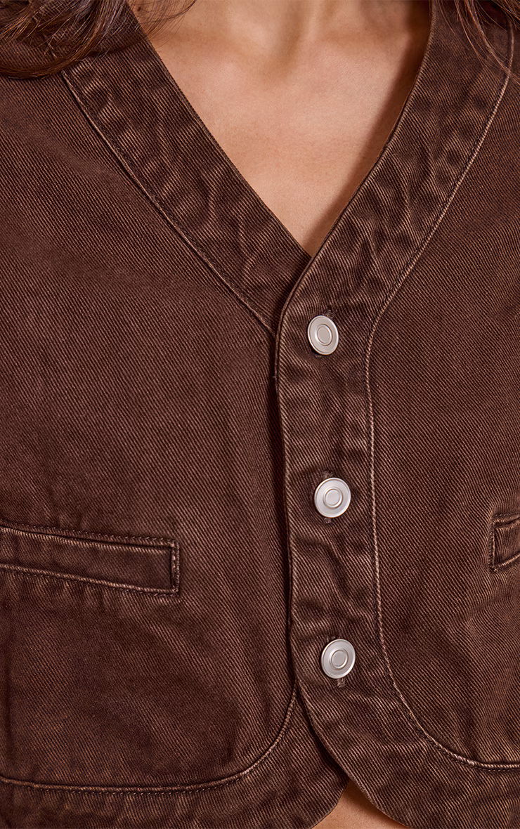 Chocolate V Neck Curved Hem Cropped Denim Jacket