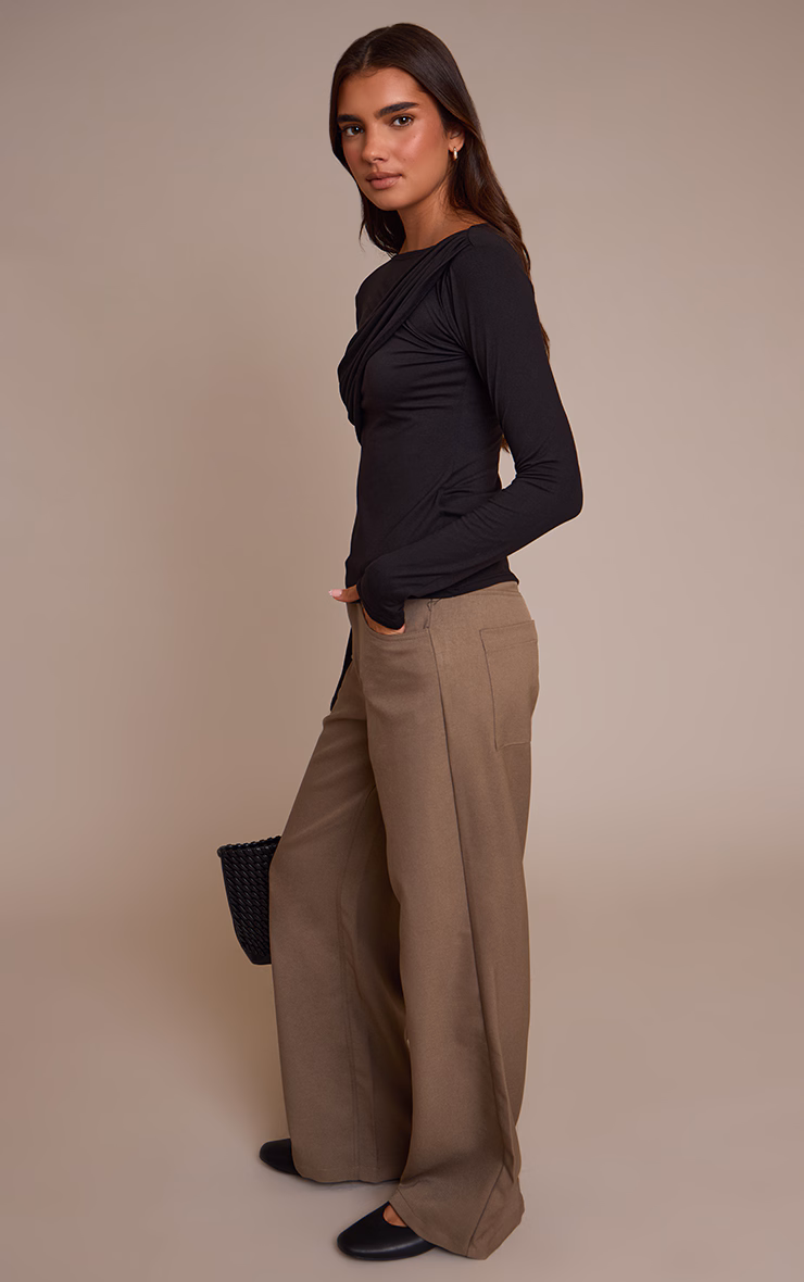 Black Soft Touch Drape Detail Long Sleeve Top