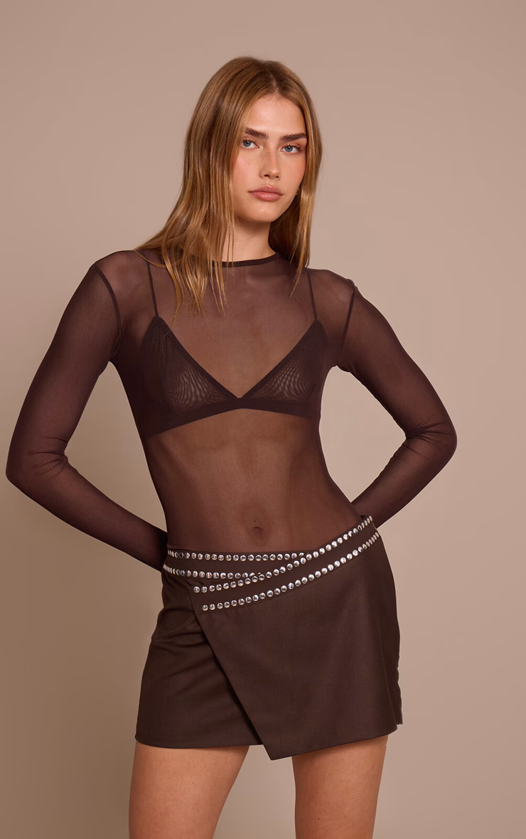 Dark Chocolate Studded Wrap Over Mini Skirt