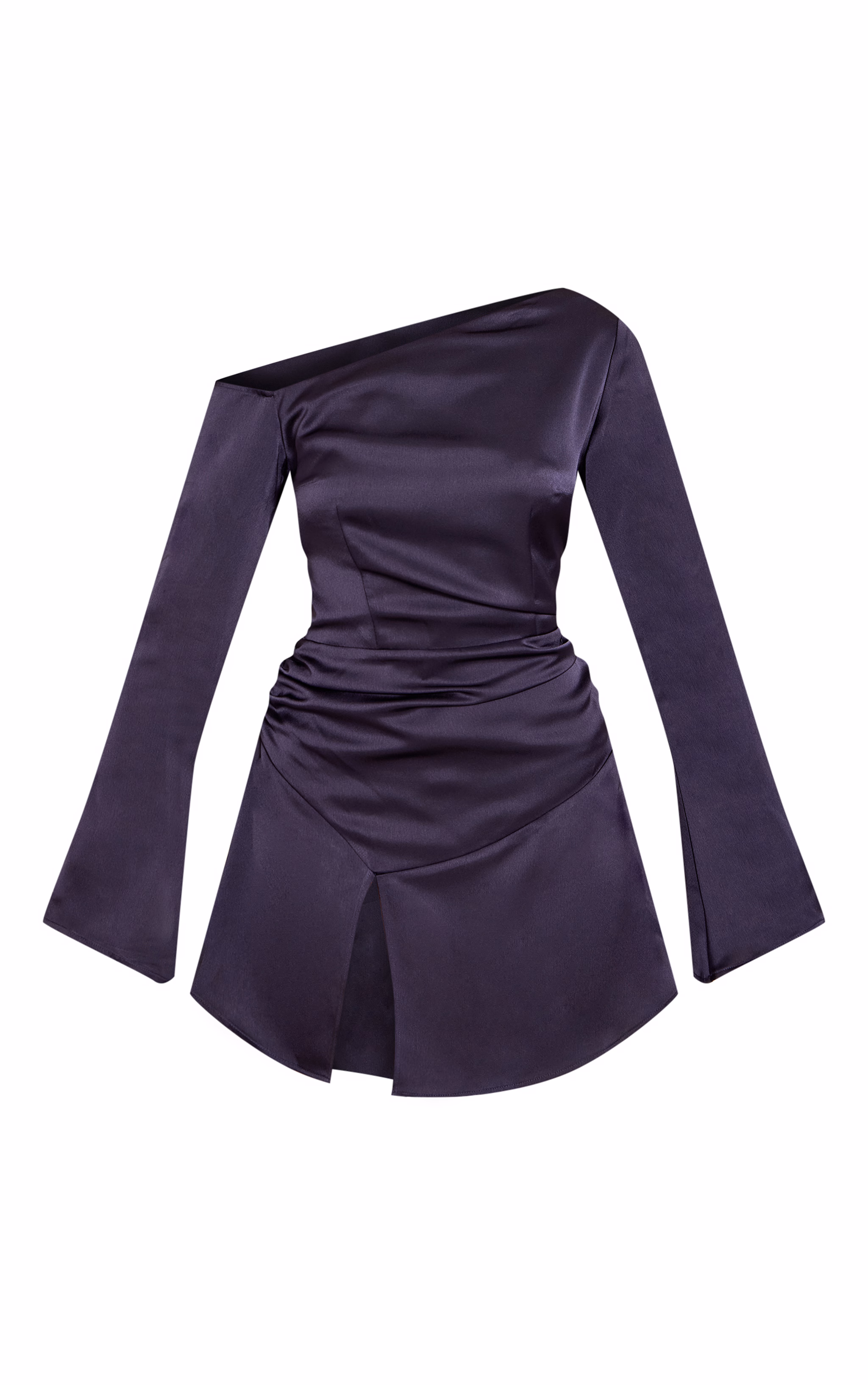 Navy Satin Asymmetric Long Sleeve Mini Shift Dress