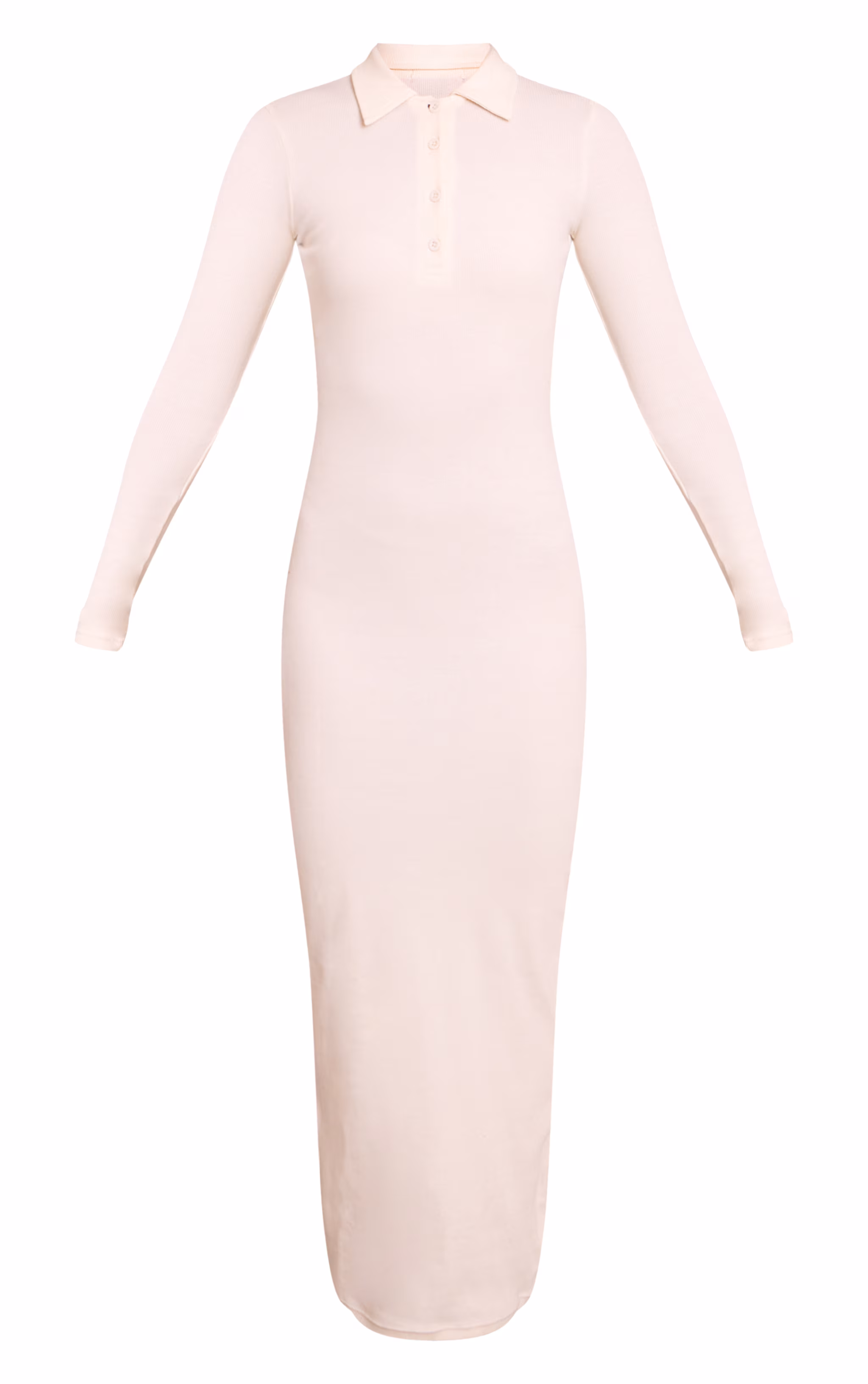 Cream Ribbed Button Down Collar Detail Long Sleeve Maxi Dress