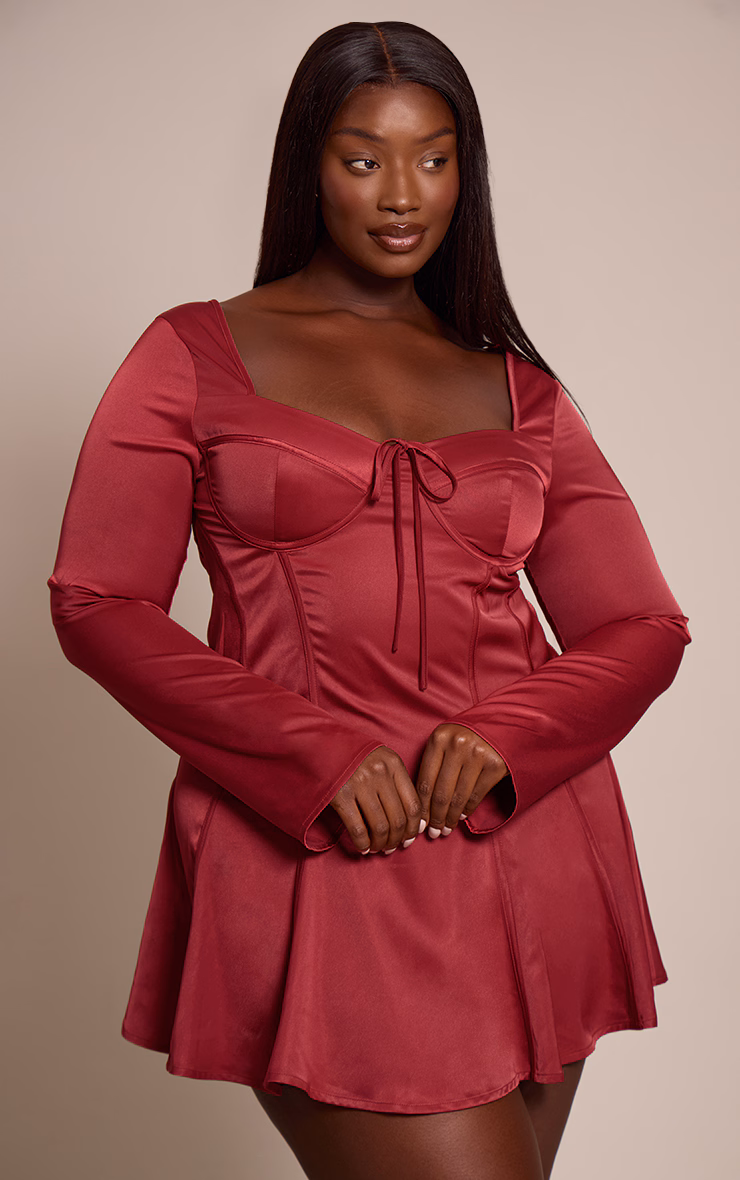 Plus Burgundy Satin Long Sleeve Mini Dress