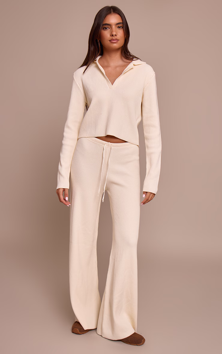 Cream Ribbed Wide Leg Knit Pants