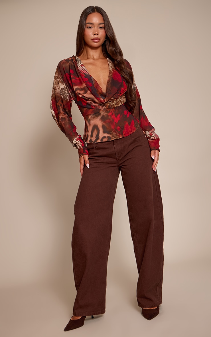 Red Printed Chiffon Cowl Neck Long Sleeve Blouse