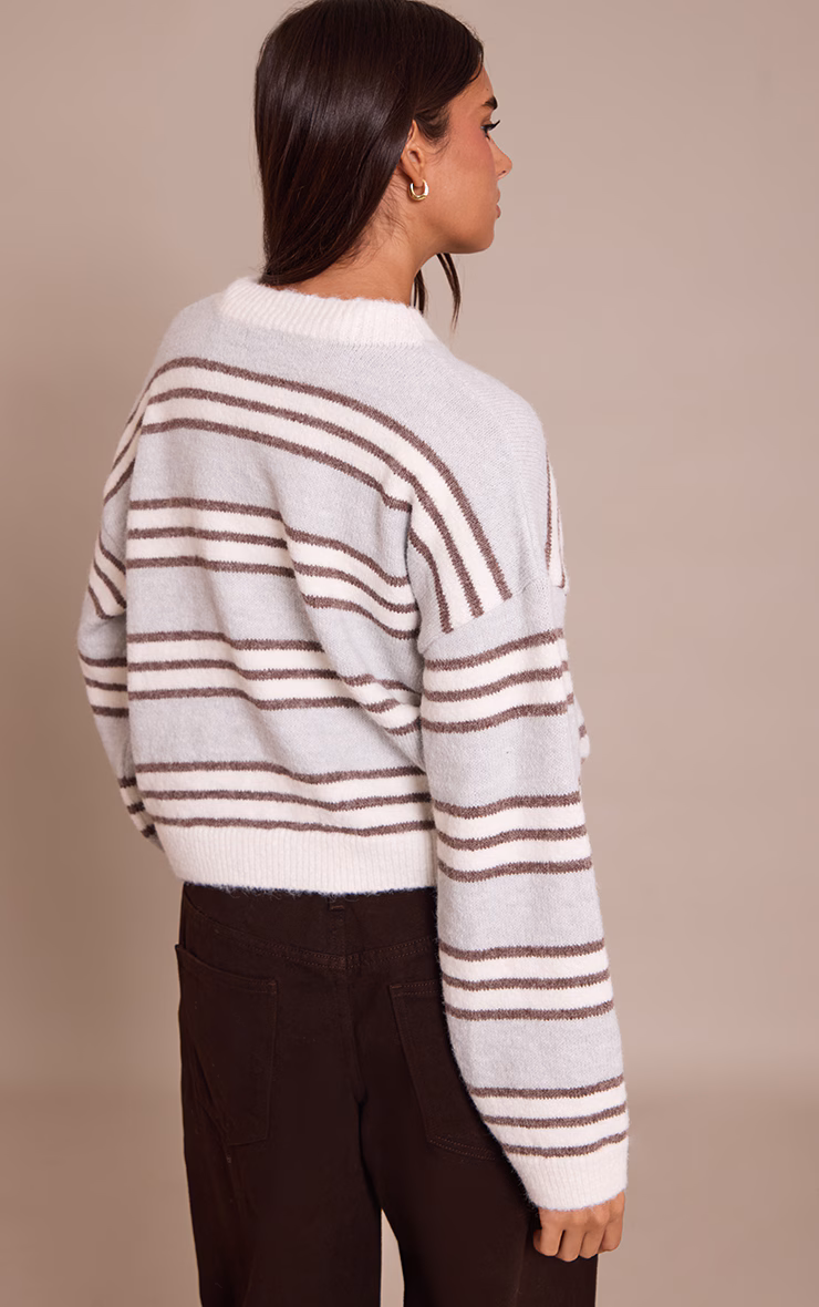 Grey Wool Blend Striped Cardigan