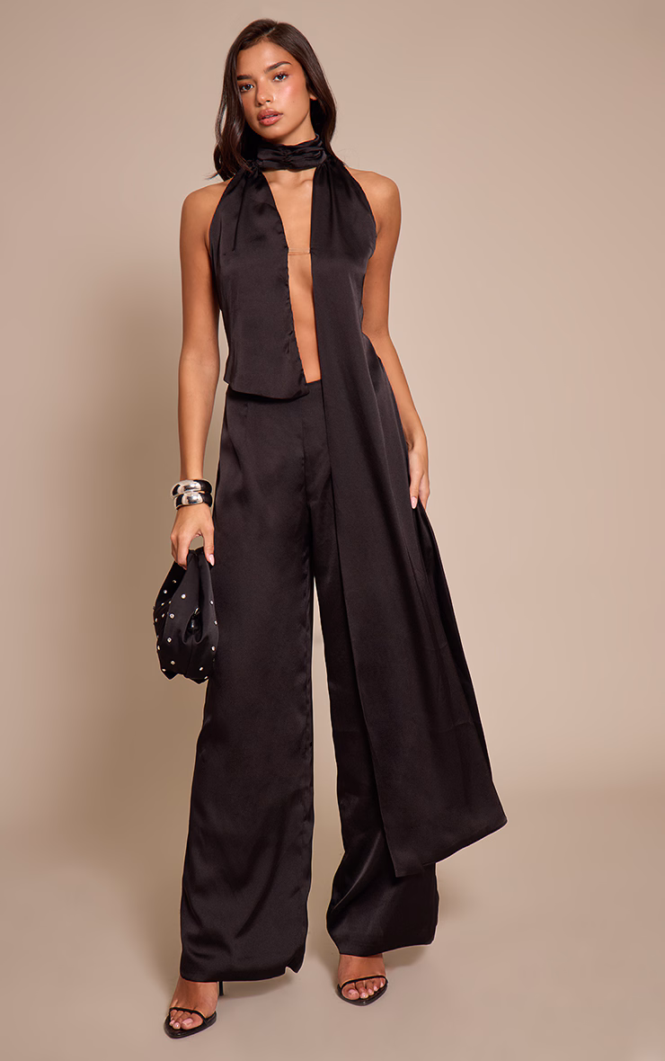 Black Satin Drape Wide Leg Jumpsuit