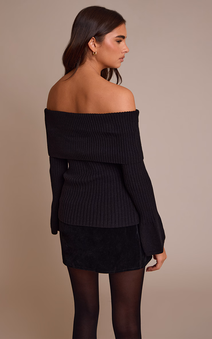 Black Ribbed Bardot Flute Sleeve Knitted Top