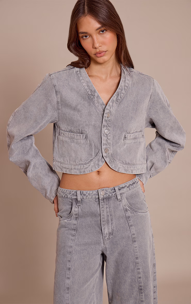 Grey V Neck Curved Hem Cropped Denim Jacket