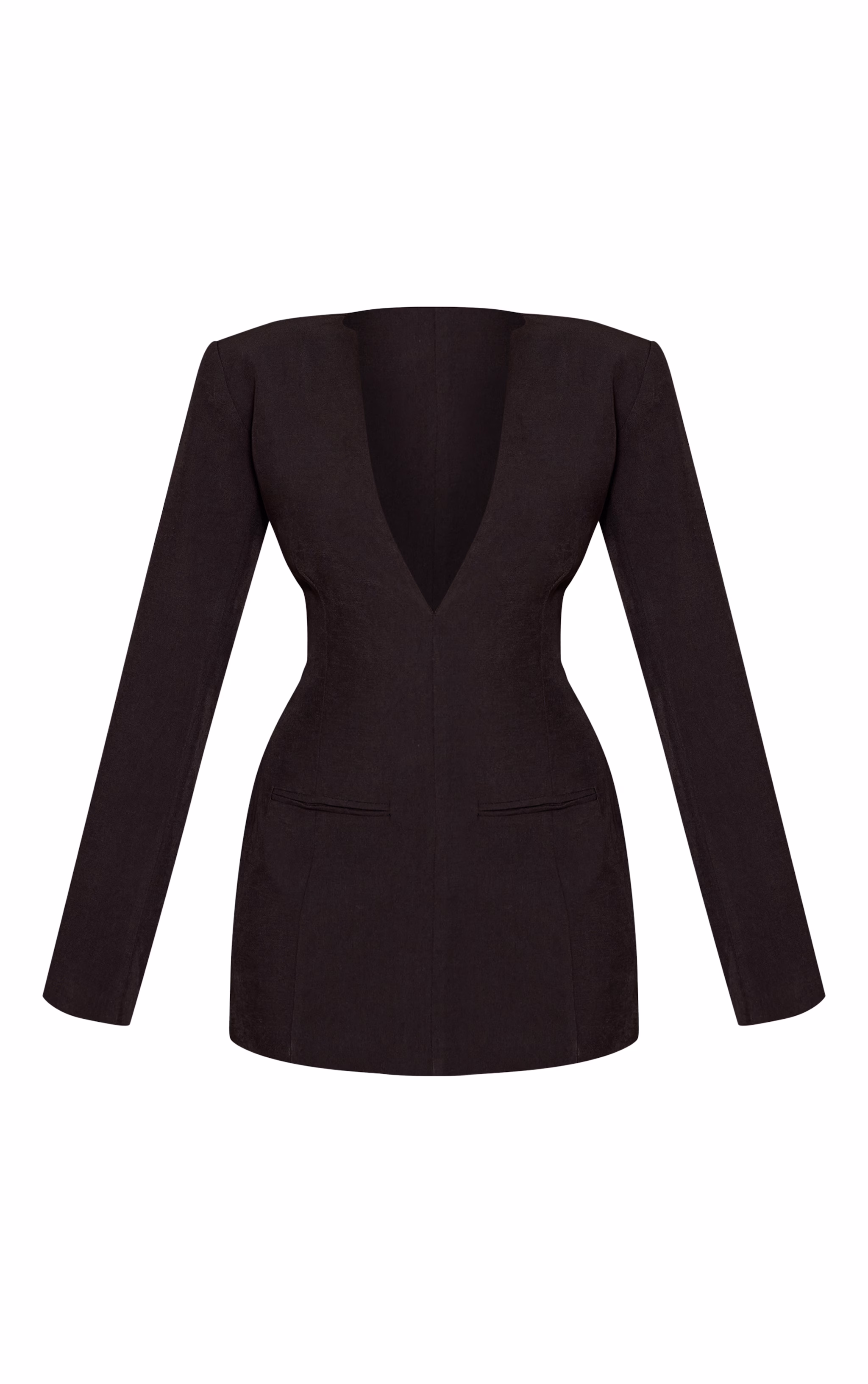 Black Woven V Neck Long Sleeve Mini Dress