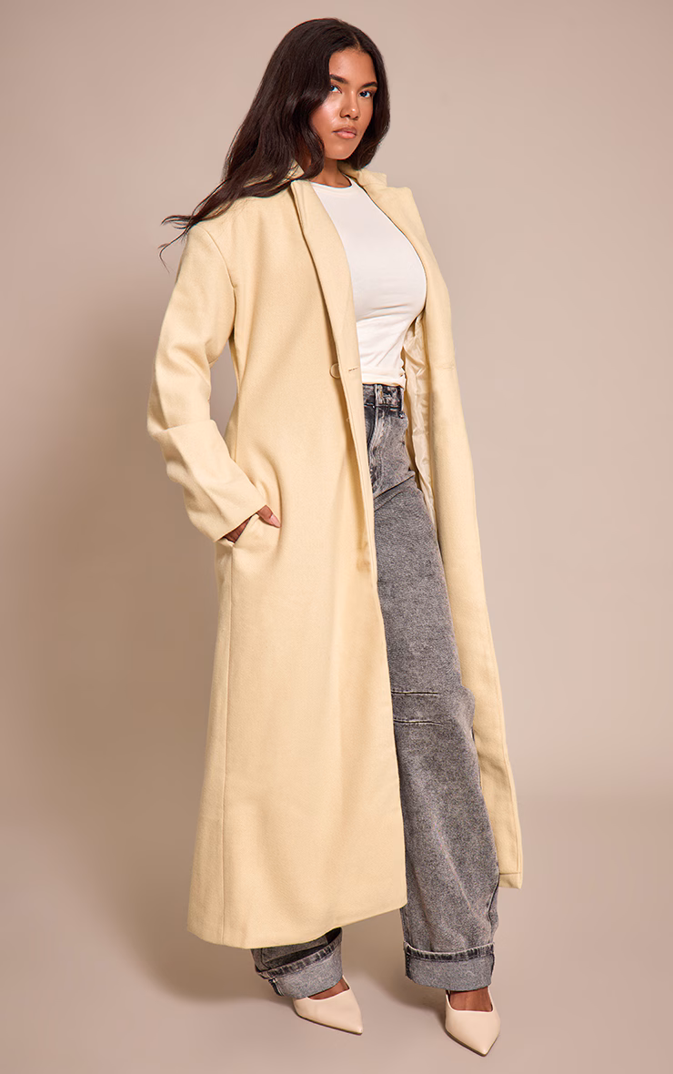 Shape Butter Yellow  Wool-Look Cinched Waist Longline Blazer Coat