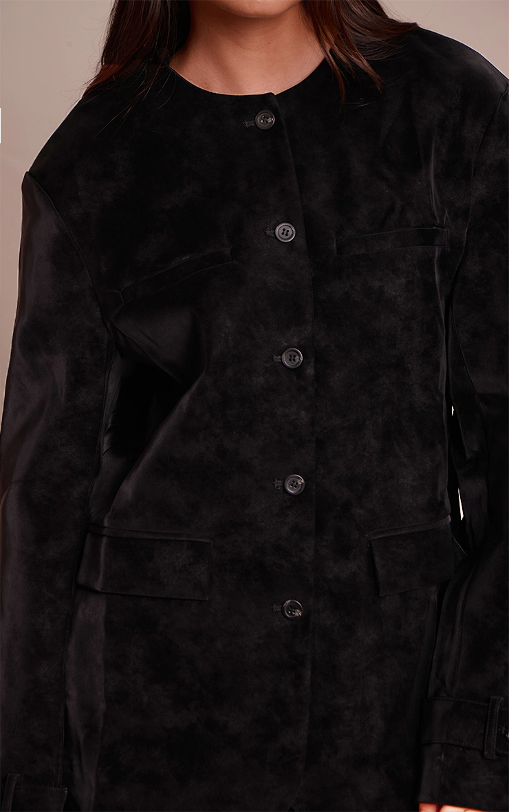 Black Collarless Button Detail Faux Suede  Jacket