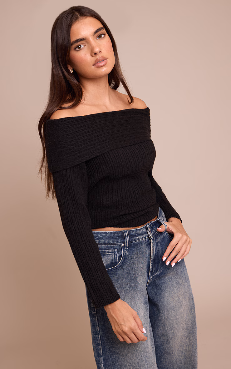 Black Off The Shoulder Knit Long Sleeve Top