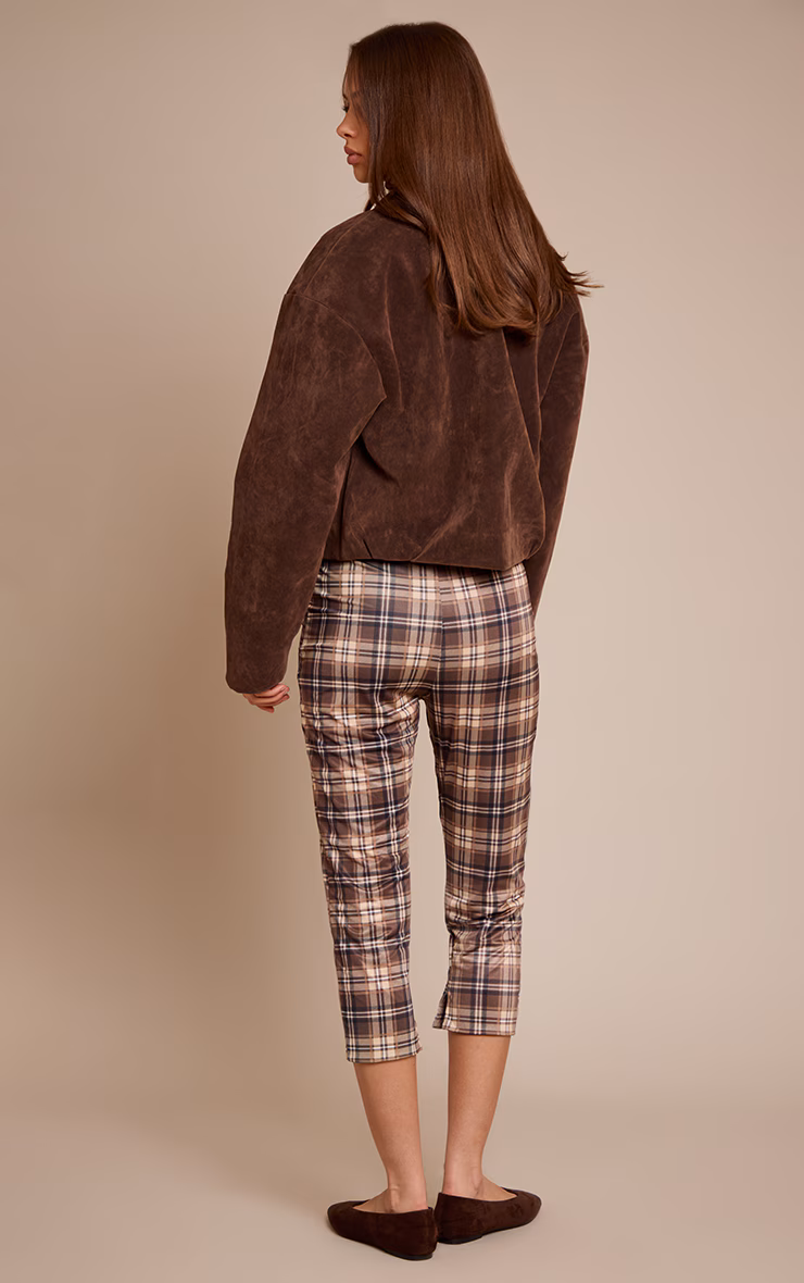 Brown Check Print Double Layer Wrap Waist Capri Leggings