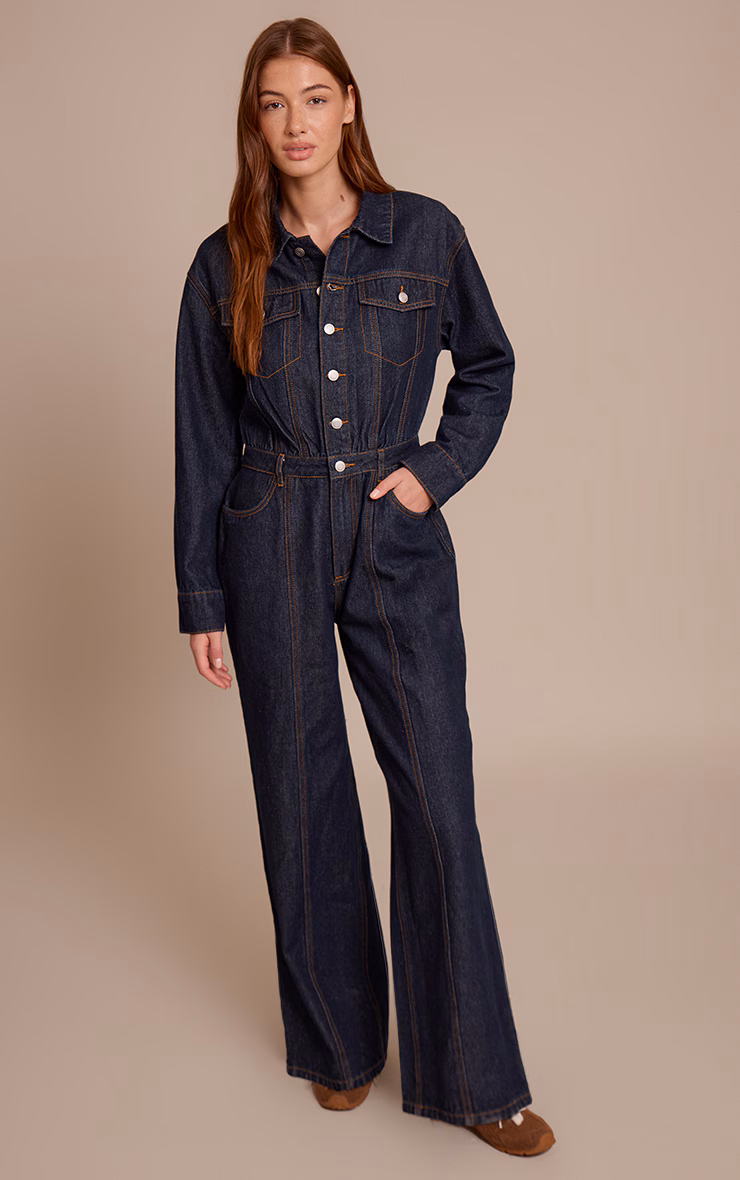 Indigo Contrast Stitch Long Sleeve Denim Jumpsuit