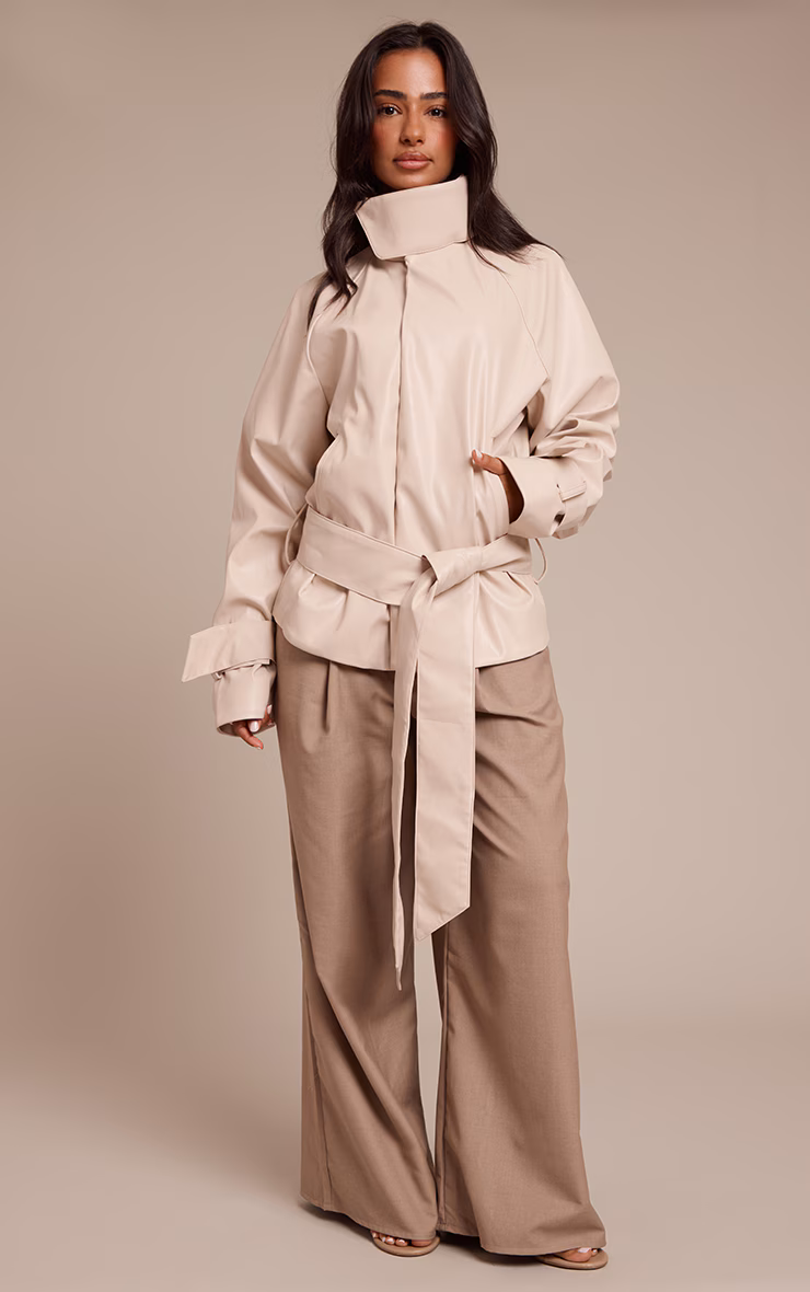 Petite Cream Faux Leather Belted Funnel Neck Coat