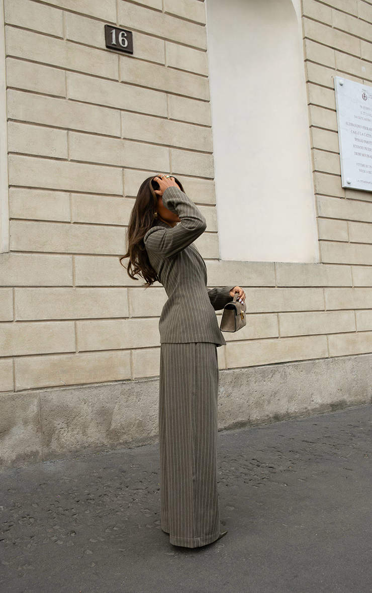 Khaki Pinstripe Pleated Straight Leg Pants