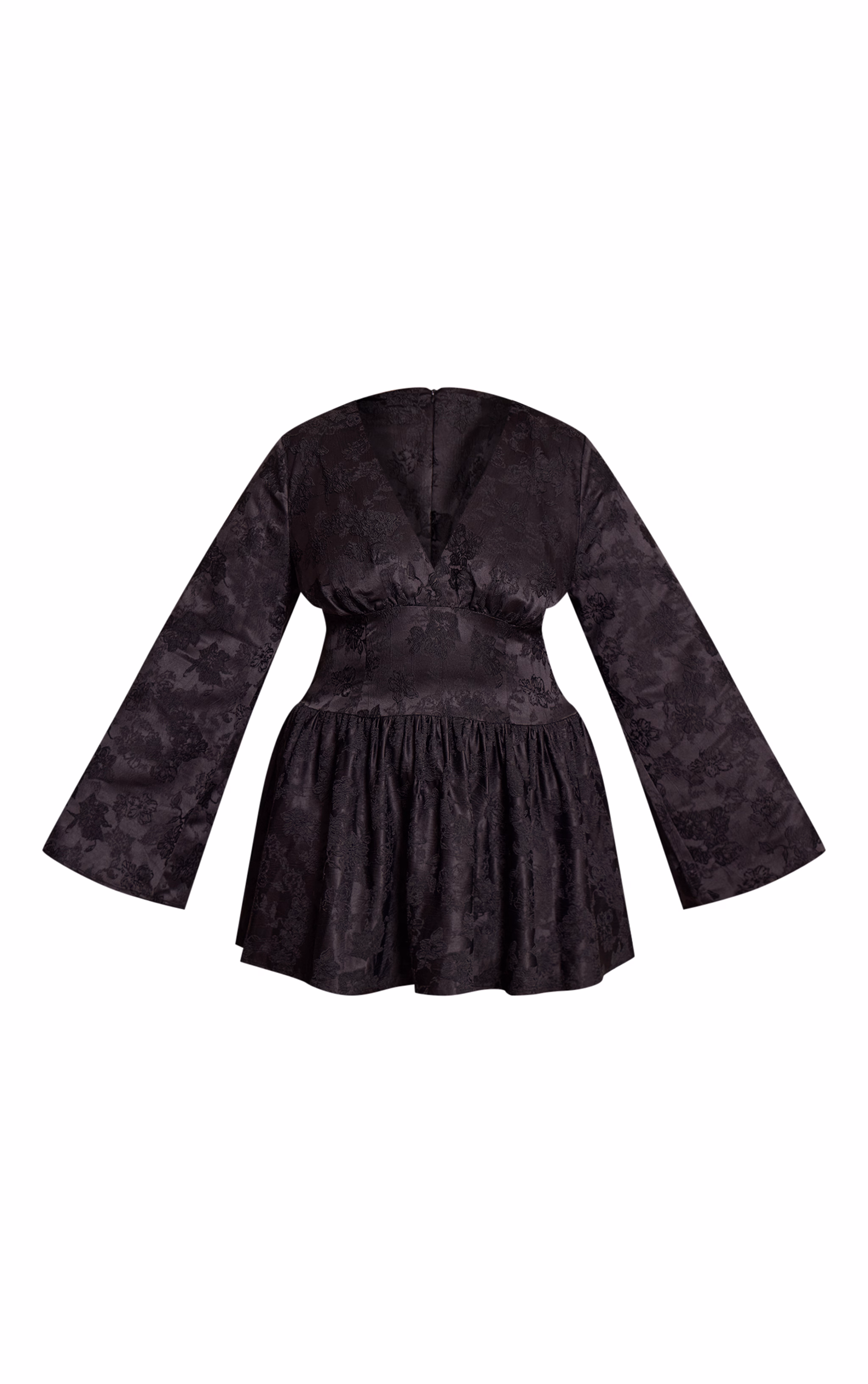 Plus Black Floral Jacquard Flute Sleeve Mini Dress